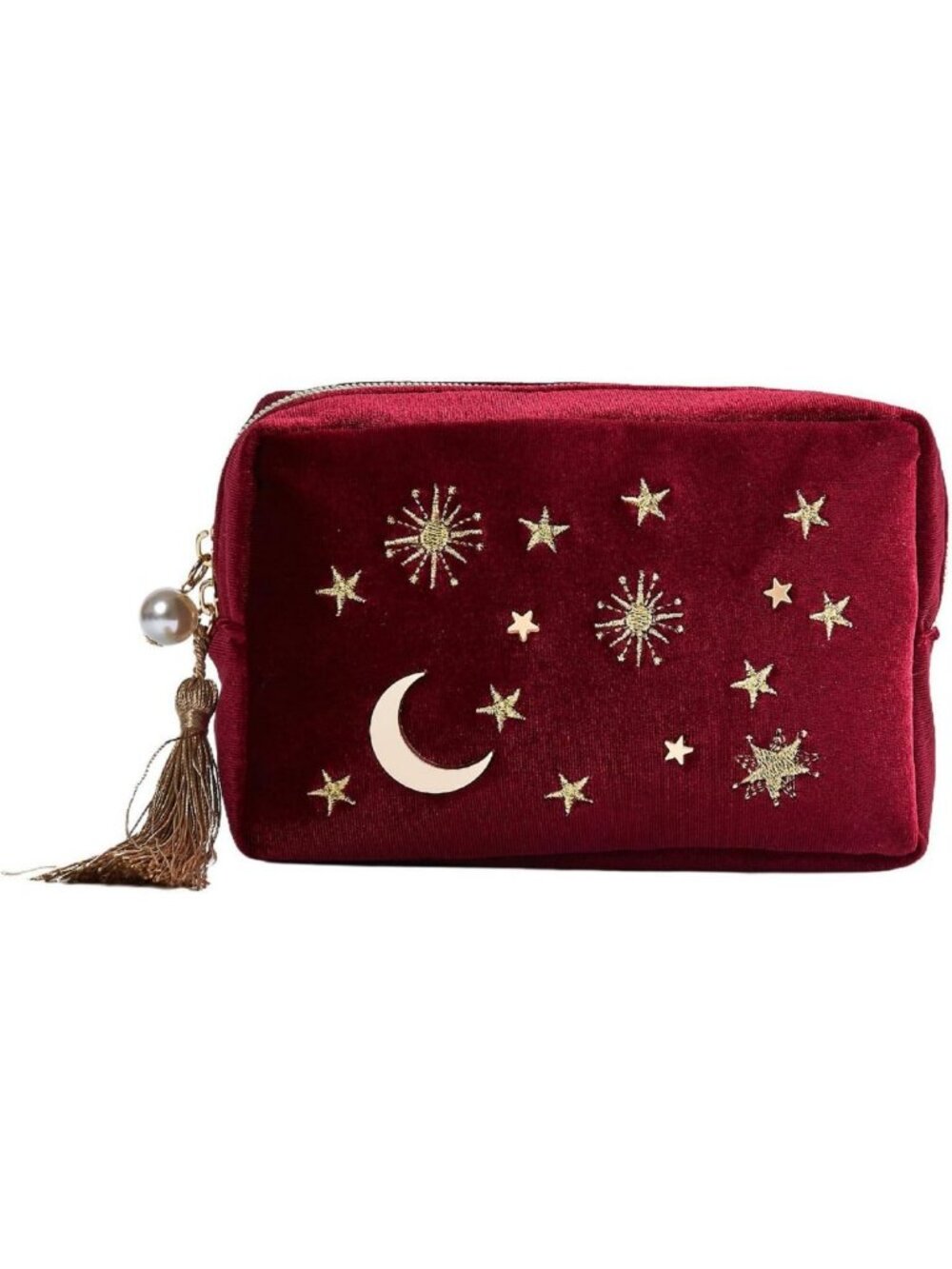 Wine Red Velvet Cosmetic Bag with Moon & Stars, Tassels & Pearl Zipper - Travel